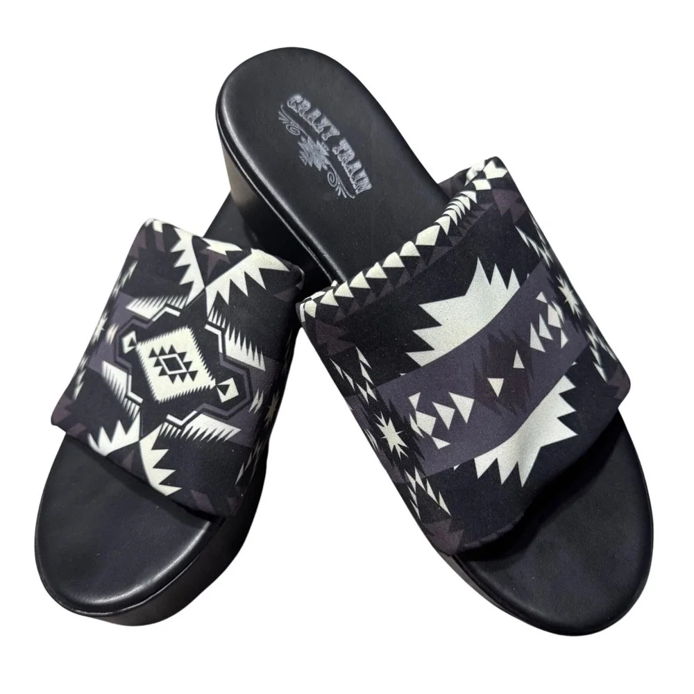 Crazy Train Platform Sandals Womens 9 Southwestern Print Black Wedge Slides Boho